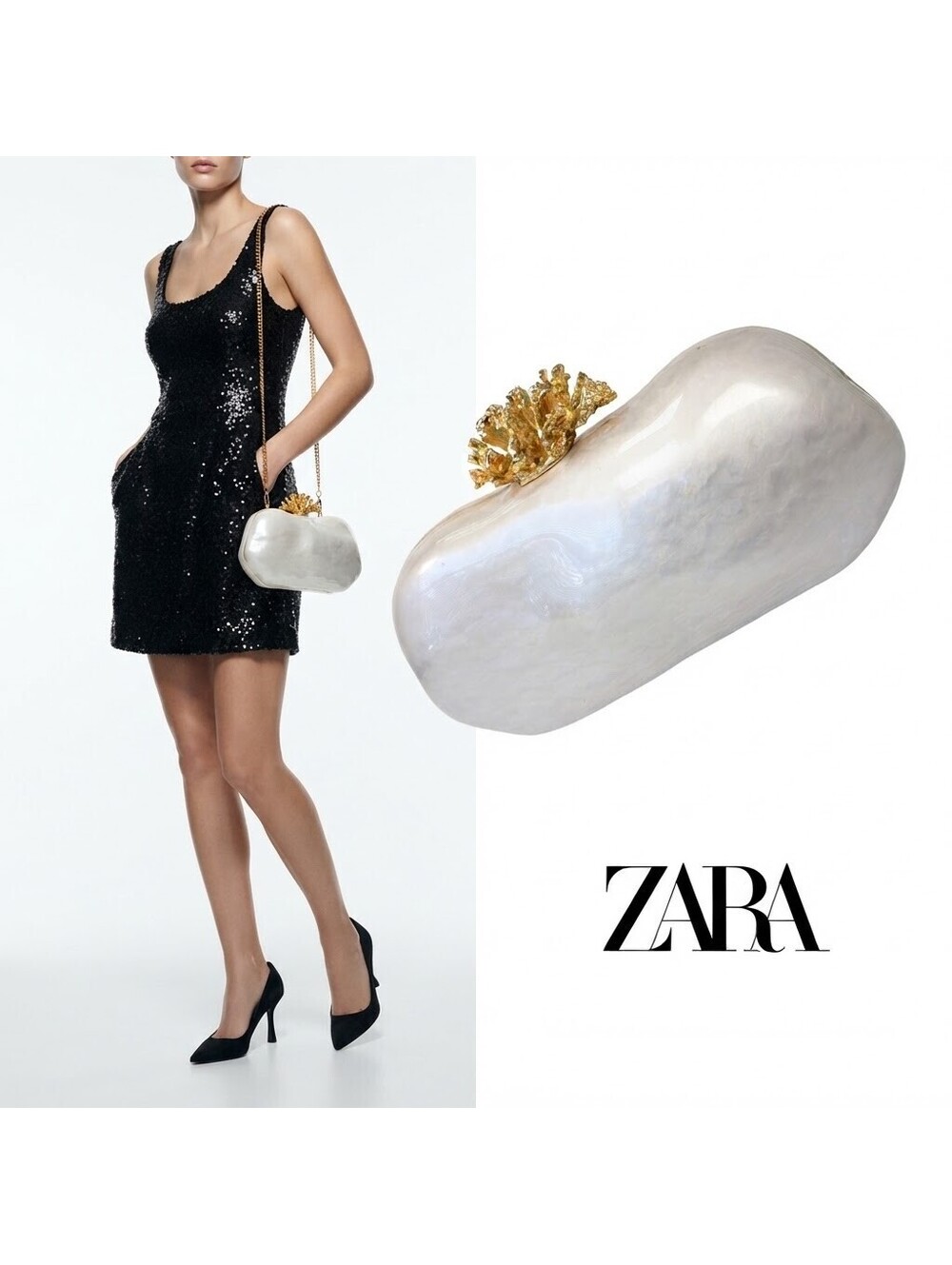 Zara Women White Pearlized Gold Chain Hard Shell Clutch READ